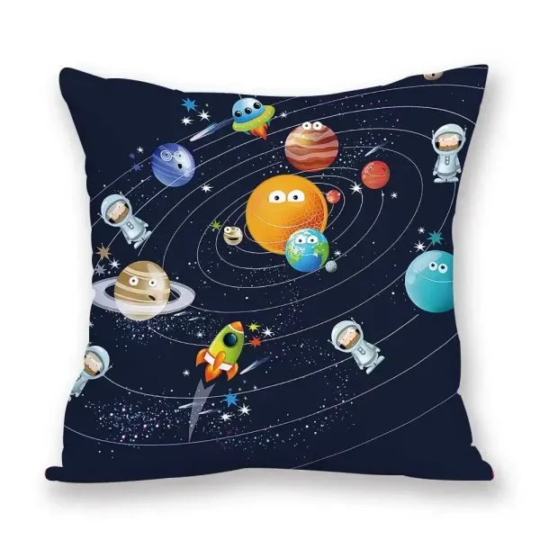 Dekoratives Kissen mit Sonnensystem-Motiv, Planeten und Astronauten, ideal für Science-Fans und Kinderzimmer, weiche und hochwertige Stoffqualität.