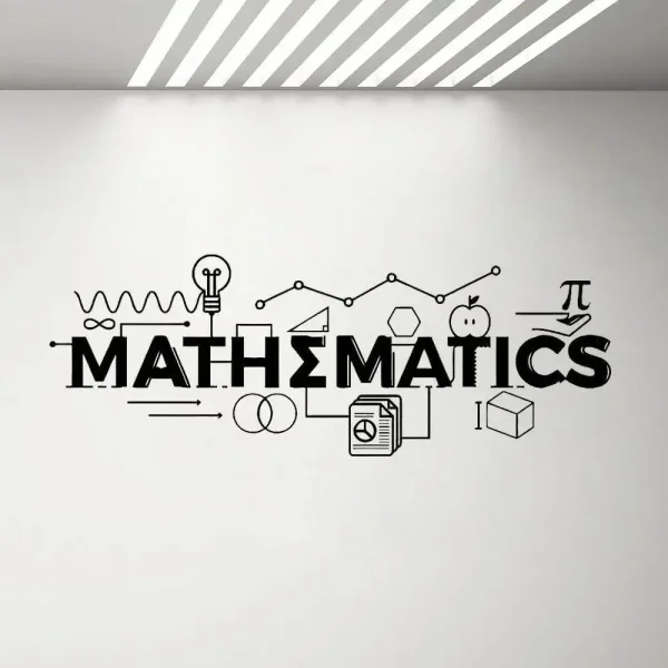 Wanddekoration mit mathematischen und wissenschaftlichen Symbolen, inklusive Formeln, Diagrammen und geometrischen Figuren, ideal für Lernräume und Wissenschaftsliebhaber.