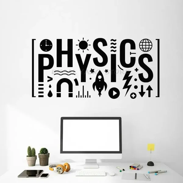 Moderne Wanddekoration mit dem Wort "Physik" in kreativer, schwarzer Schrift, ideal für Wissenschafts- und Lernräume.