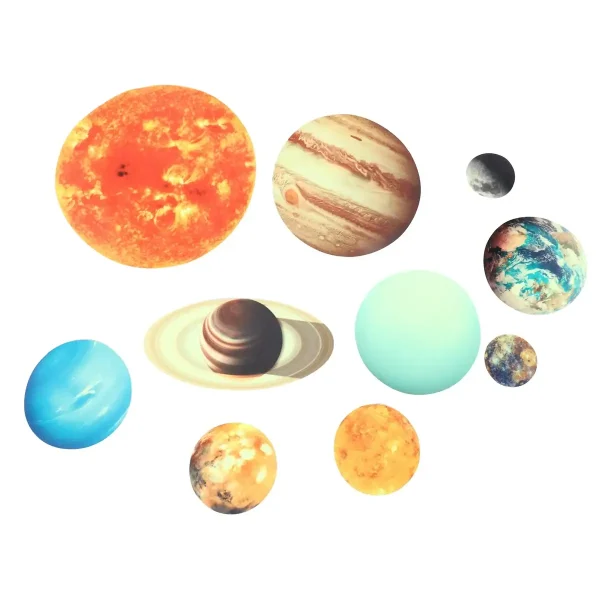 Abbildung verschiedener Modelle des Sonnensystems mit Planeten in unterschiedlichen Größen und Farben, ideal für wissenschaftliche Dekorationen und Bildungszwecke.
