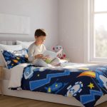 Kinderbettwäsche mit Weltraummotiv, Astronauten, Raketen und Planeten, perfekt für kleine Weltraumfans.