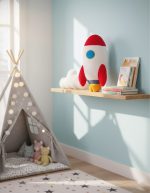 Spielzeug-Raumschiff aus Stoff auf Wandregal, mit Kinderbüchern und Kuscheltieren im Hintergrund.