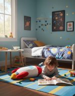Kinderzimmer mit Weltraumthema, inklusive Planetendekorationen, Sternenwandbilder und Astronauten-Accessoires, ideal für kleine Astronauten und Wissenschaftsbegeisterte.