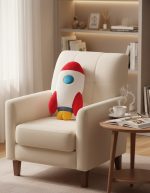 Weiches Kuscheltier in Form einer Rakete, ideal für Kinderzimmer oder als Dekoration, mit rotem, weißem und blauen Design, auf einem bequemen Sessel platziert.