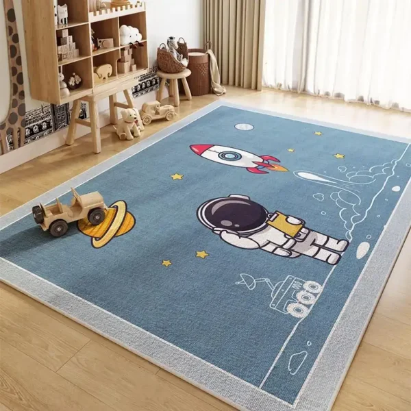 Bunter Weltraum-Spielteppich mit Rakete, Astronaut und Planeten, ideal für Kinderzimmer, fördert Fantasie und Lernen.