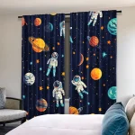 Hochwertige Vorhänge mit Weltraummotiv, Astronauten und Planeten, ideal für Kinderzimmer oder Science-Fiction-Themenräume. Perfekt für eine kreative und inspirierende Atmosphäre.