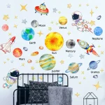 Himmelsszene mit Planeten, Astronauten und Raumfahrzeugen an einer Schlafzimmerwand.