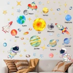 Farbige Wanddekoration eines Sonnensystems mit Planeten, Monden und Raumfahrzeugen, ideal für Kinderzimmer oder Wissenschaftsräume.