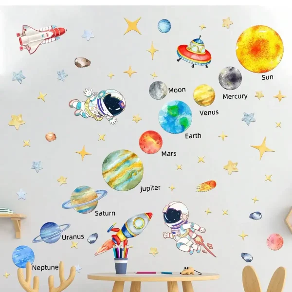 Bunte Illustration des Sonnensystems mit Planeten, Astronauten und Raumfahrzeugen, ideal für Wissenschafts- und Bildungsdekorationen.