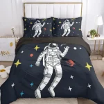 Bettwäsche mit Astronautenmotiv, geeignet für Weltraum- und Science-Fiction-Fans, perfekt für Kinderzimmer, mit Sternen und Planeten auf dunkelblauem Hintergrund.