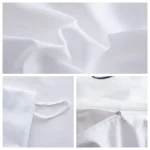 Hochwertige Nahaufnahme von weißen Stoffdetails, Reißverschluss und Falten, die die Textur und das Material hervorheben. Perfekt für wissenschaftliche Dekorationen und Gadgets.
