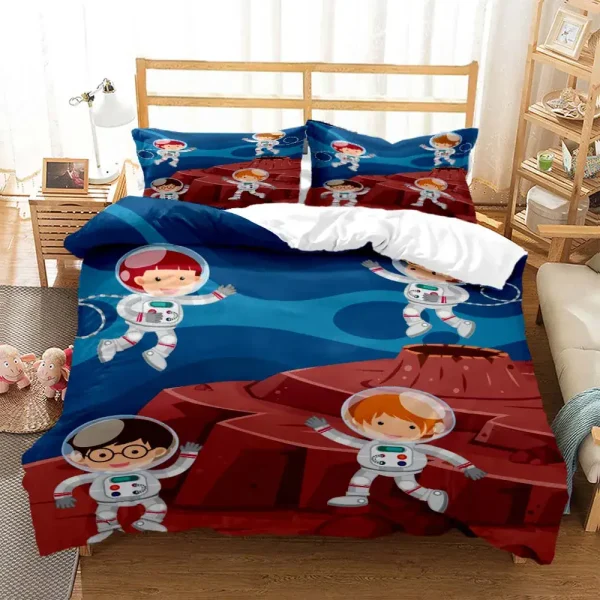 Hochwertige Bettwäsche mit Astronauten-Design, perfekt für Kinderzimmer, inspiriert von Weltraum und Wissenschaft.