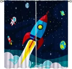 Bunter Raumfahrt-Wandbehang mit Rakete, Astronaut, Planeten und Sternen im Weltraum, ideal für Kinderzimmer oder Wissenschaftsdekorationen.
