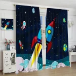 Raumfahrt-Vorhänge mit Raketen, Planeten und Sternen, ideal für Kinderzimmer, mit Weltraummotiv, dunkler Himmel, fantasievolles Design.