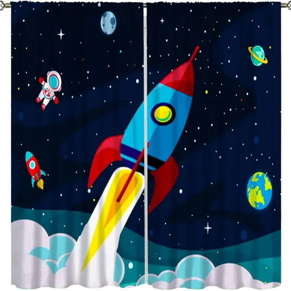 Bunter Raumfahrt-Wandbehang mit Rakete, Astronaut, Planeten und Sternen im Weltraum, ideal für Kinderzimmer oder Wissenschaftsdekorationen.