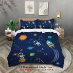 Bettwäsche mit Weltraummotiv, Astronauten, Raketen und Planeten, ideal für Kinderzimmer, hochwertig und bequem.