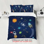 Hochwertige Bettwäsche mit Weltraum-Design, inklusive Kissenbezügen und Deckenbezug, perfekt für Kinder, die Astronauten und das Weltall lieben.