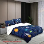 Bettwäsche mit Weltraummotiv, inklusive Kissen und Decke, ideal für Kinderzimmer, mit Planeten, Sternen und Astronauten.