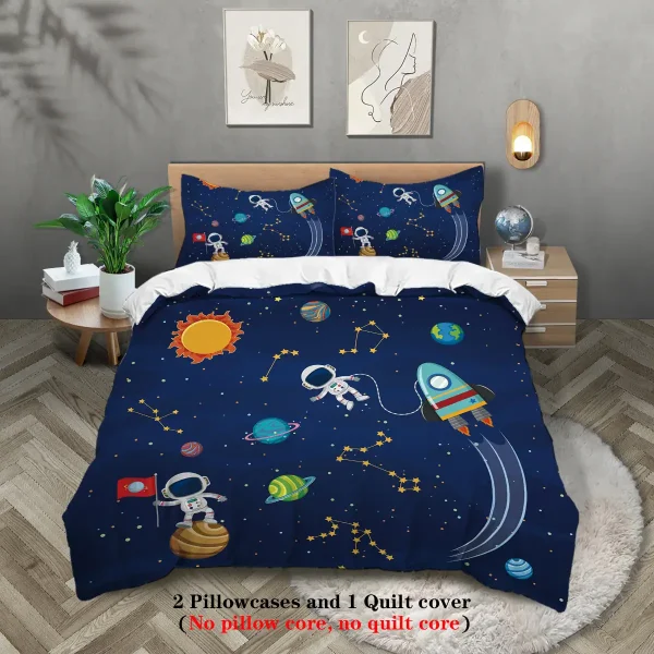 Bettwäsche mit Weltraummotiv, Astronauten, Raketen und Planeten, ideal für Kinderzimmer, hochwertig und bequem.