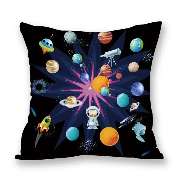 Kissen mit buntem Weltraummotiv, Planeten, Raketen, Astronauten und Raumschiffen, ideal für Science-Fiction- und Weltraumfans.