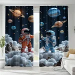 Zwei Astronauten in Raumanzügen auf Wolken, umgeben von Planeten und Sternen, als dekoratives Wandbild für Science-Fans und Weltraumliebhaber.