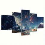 Faszinierende Darstellung einer Sternenlandschaft mit Bergen, Planeten und Galaxien im Weltraum, ideal für wissenschaftliche Dekorationen und Raumfahrt-Themen.