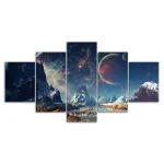 Himmlische Landschaft mit Bergen, Sternen und Planeten, inspiriert von Weltraumforschung und Astronomie, ideal für wissenschaftliche Dekorationen und Gadgets.
