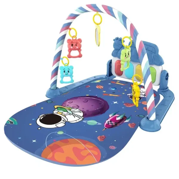 Hängende Spielmatte mit Weltraummotiv und bunten Figuren für Babys und Kleinkinder.