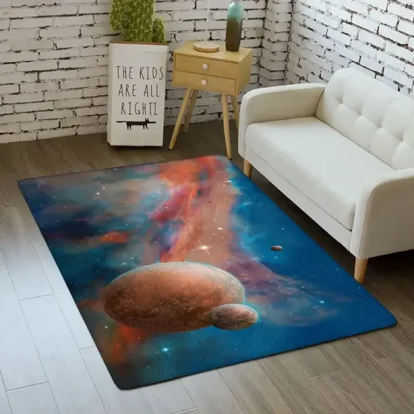 Moderner Raumteppich mit Weltraum-Motiv, der Planeten und Galaxien zeigt, ideal für Wohnzimmerdekorationen, die einen wissenschaftlichen und futuristischen Stil hinzufügen.