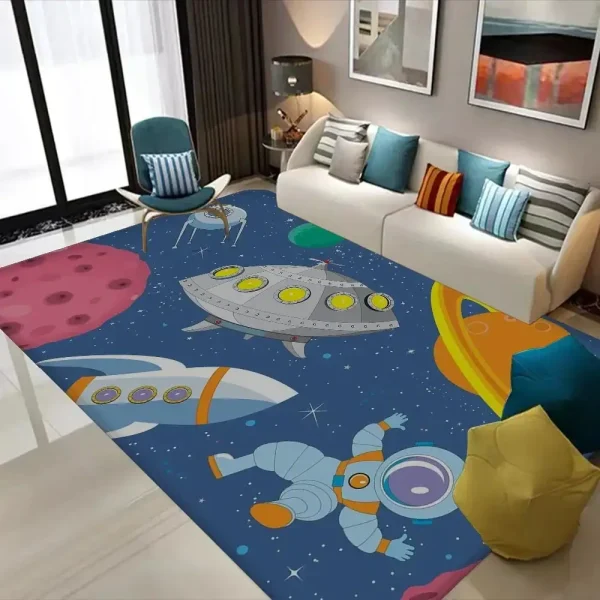 Bunter Weltraum-Teppich mit Astronauten, Raumschiffen und Planeten, ideal für Kinderzimmer oder wissenschaftliche Dekorationen, schafft eine faszinierende Raumfahrt-Atmosphäre.