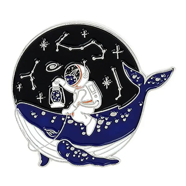 Illustration eines Wals, das im Weltraum schwebt, umgeben von Sternbildern und Sternen, mit einem Astronauten, der eine Muschel hält.