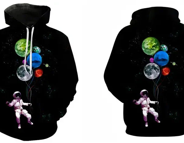 Hoodie mit Weltraummotiv, Astronaut und Planeten, ideal für Science-Fans, bequemes Design, perfekt für Freizeit und Wissenschaftsbegeisterte.