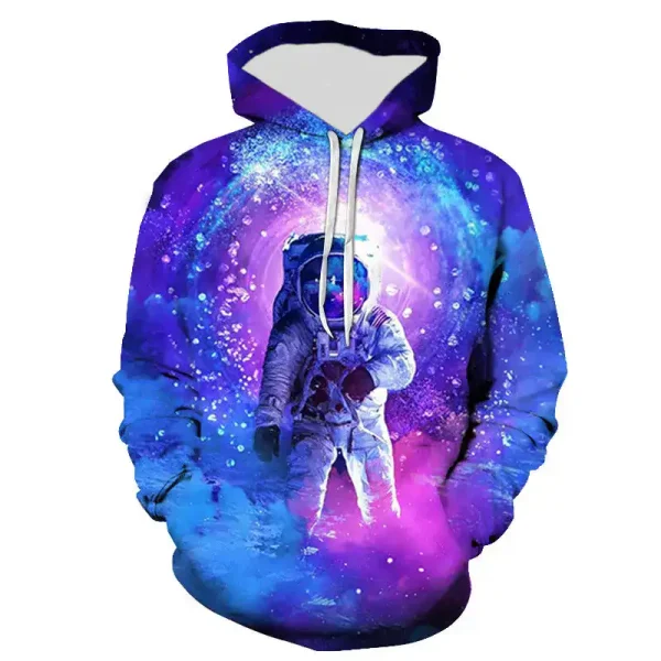 Hoodie mit Astronauten-Design vor einem galaktischen Hintergrund in Blau, Lila und Pink, inspiriert von Weltraum und Wissenschaft. Perfekt für Science-Fans und Astronomie-Enthusiasten.