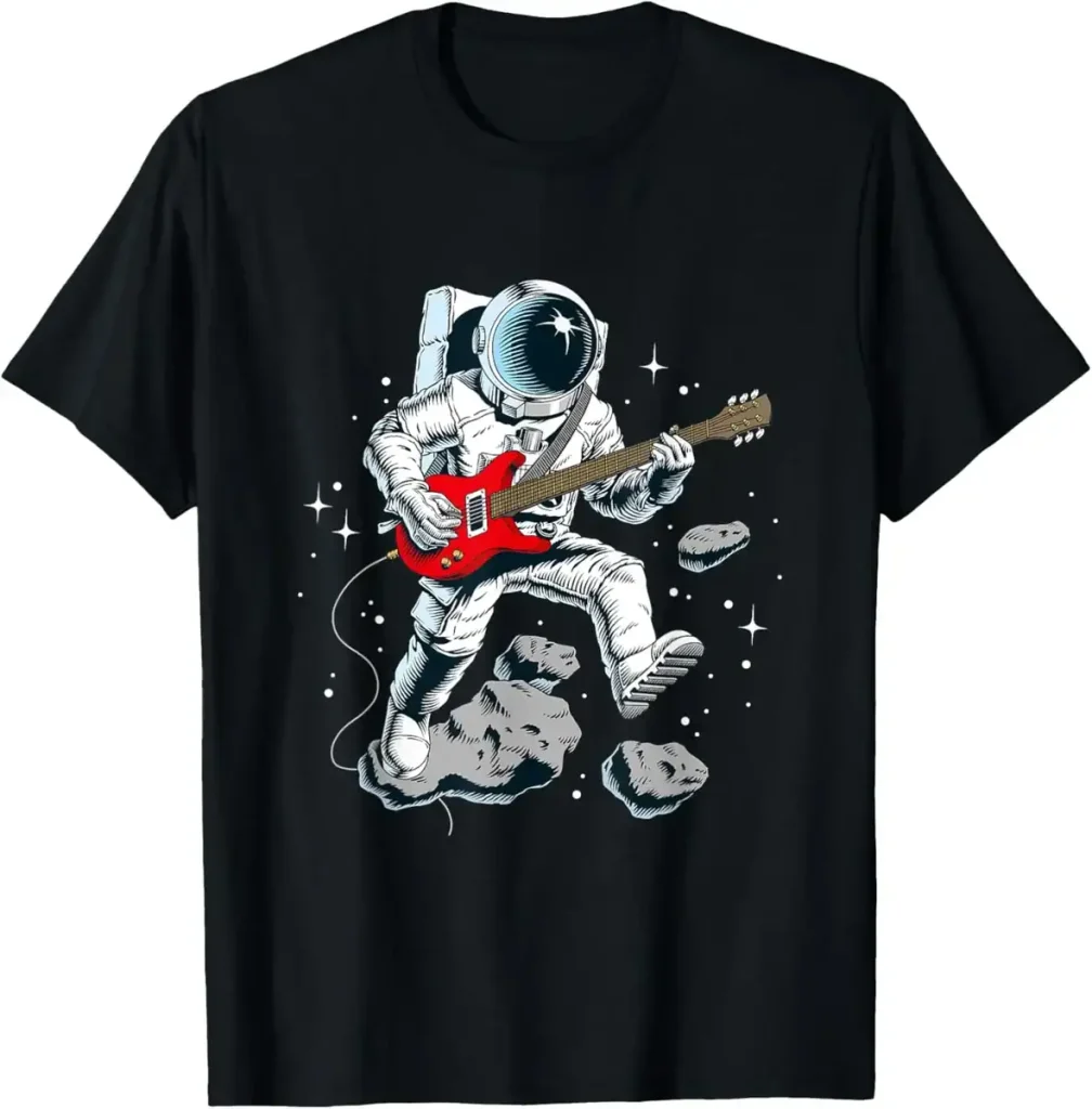Ein Astronaut im Weltraum spielt auf einer roten E-Gitarre, umgeben von Asteroiden und Sternen, was eine kreative Verbindung zwischen Wissenschaft und Musik darstellt.