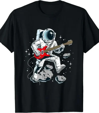 Ein Astronaut im Weltraum spielt auf einer roten E-Gitarre, umgeben von Asteroiden und Sternen, was eine kreative Verbindung zwischen Wissenschaft und Musik darstellt.