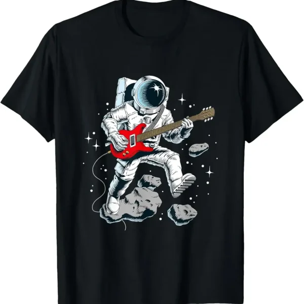 Ein Astronaut im Weltraum spielt auf einer roten E-Gitarre, umgeben von Asteroiden und Sternen, was eine kreative Verbindung zwischen Wissenschaft und Musik darstellt.