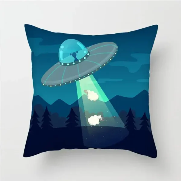 UFO-Designkissen mit fliegendem Untertassen-Motiv, ideal für Science-Fiction-Fans und Dekorationen im Weltraumstil.