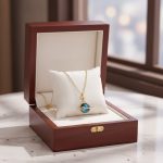 Elegante Halskette mit Weltkugel-Anhänger in einer hochwertigen Holzschmuckbox präsentiert. Perfekt für Geschenkideen oder als stilvolles Accessoire.