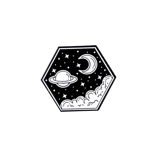 Illustration eines nächtlichen Himmels mit Planeten, Mond und Sternen in einem hexagonalen Rahmen, ideal für wissenschaftliche Dekorationen.