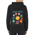 Hoodie mit Sonnensystem-Design, zeigt die Planeten Merkur, Venus, Erde, Mars, Jupiter, Saturn, Uranus und Neptun, ideal für Wissenschafts- und Astronomie-Fans.