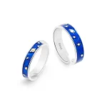 Zwei silberne Ringe mit blauer Emaille, verziert mit goldenen Sternen und Planeten, symbolisieren das Sternzeichen. Perfekt für Astronomie- und Wissenschaftsbegeisterte.