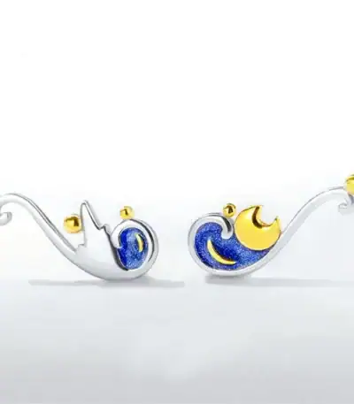 Elegantes Schmuckset mit Stern- und Mondmotiven in Silber, Blau und Gold, inspiriert von nächtlichem Himmel, perfekt für Science- und Dekorationsliebhaber.