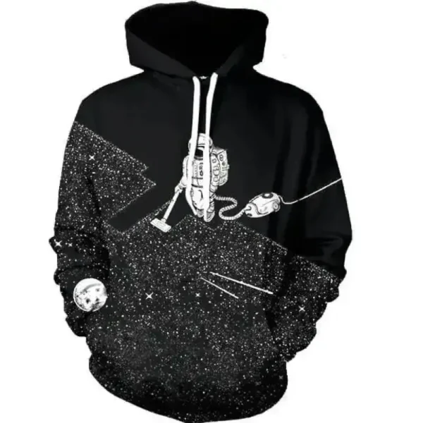 Bequemer Hoodie mit Weltraummotiv, zeigt eine Astronautenfigur im All vor einem Sternenhimmel, ideal für Science-Fans und Astronomie-Enthusiasten.