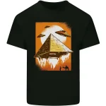 Schwarzes T-Shirt mit futuristischem Raumschiff-Design, Pyramide im Weltraum mit UFOs und Mond im Hintergrund, ideal für Science-Fiction-Fans.