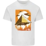 Illustration eines UFOs, das eine Pyramide über einer Flammenbasis fliegt, auf einem weißen T-Shirt.