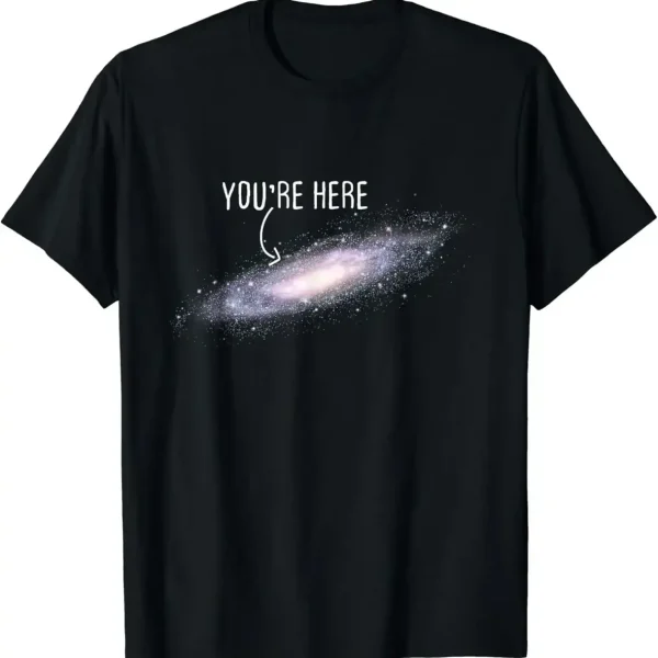 Schwarzes T-Shirt mit Galaxy-Design und "You're Here" Text, ideal für Science-Fans und Astronomie-Liebhaber.