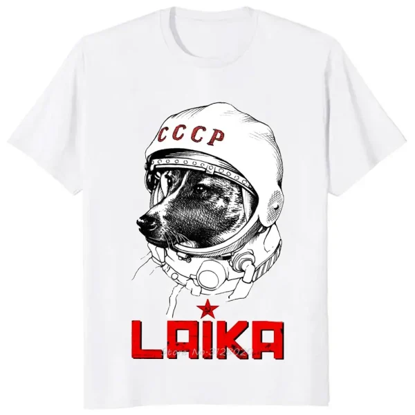 T-Shirt mit Hund im Raumfahrerhelm, sowjetisches Design, "CCCP" und "Laika" Schriftzug, ideal für Wissenschafts- und Raumfahrtfans.