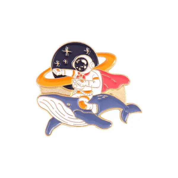 Bunter Space-Astronauten-Pin mit Wal und Sternenhimmel, ideal für Science-Fan-Accessoires.