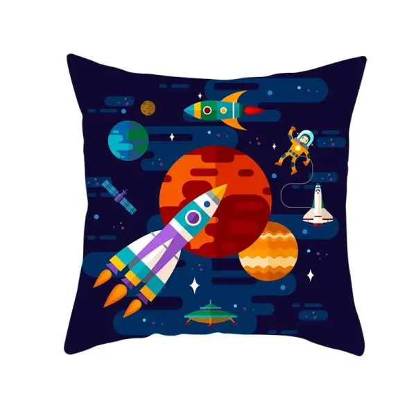 Kissen mit buntem Weltraummotiv, inklusive Raketen, Astronauten, Planeten und Satelliten, ideal für Science-Fiction- und Weltraumfans.