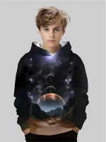 Hoodie mit Weltraummotiv, zeigt Planeten, Sterne und eine Mondphasen-Reihe, ideal für Science-Fans und Astronomie-Enthusiasten.